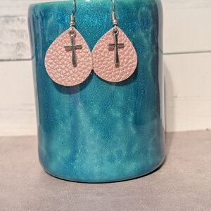 Pink Teardrop Cross Earrings
